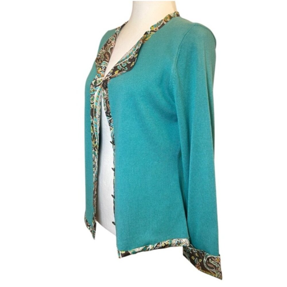 Vintage Cashmere Silk Teal Cardigan Paisley Trim Boho - Picture 4 of 9
